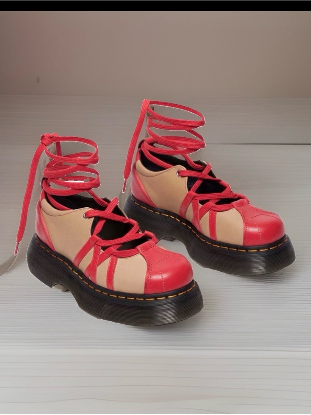 Dr. Martens Buzz Ballerina Leather Red Vntge Taupe Chunky Platform Shoes NWOT~7